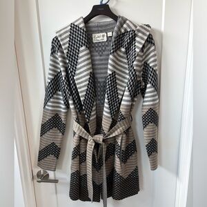 Anthropologie Chevron Patterned Sweater Jacket with Belt and Hood